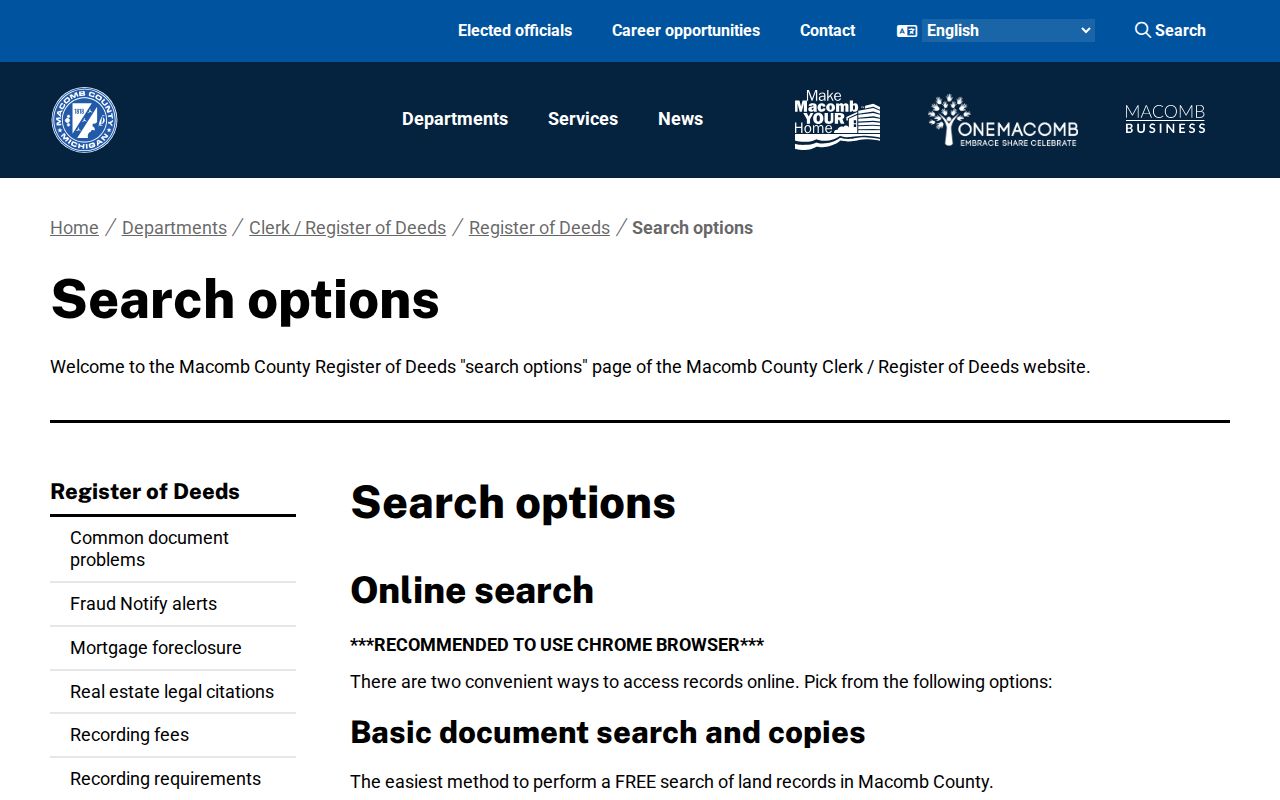 Macomb County Register of Deeds search options for land records